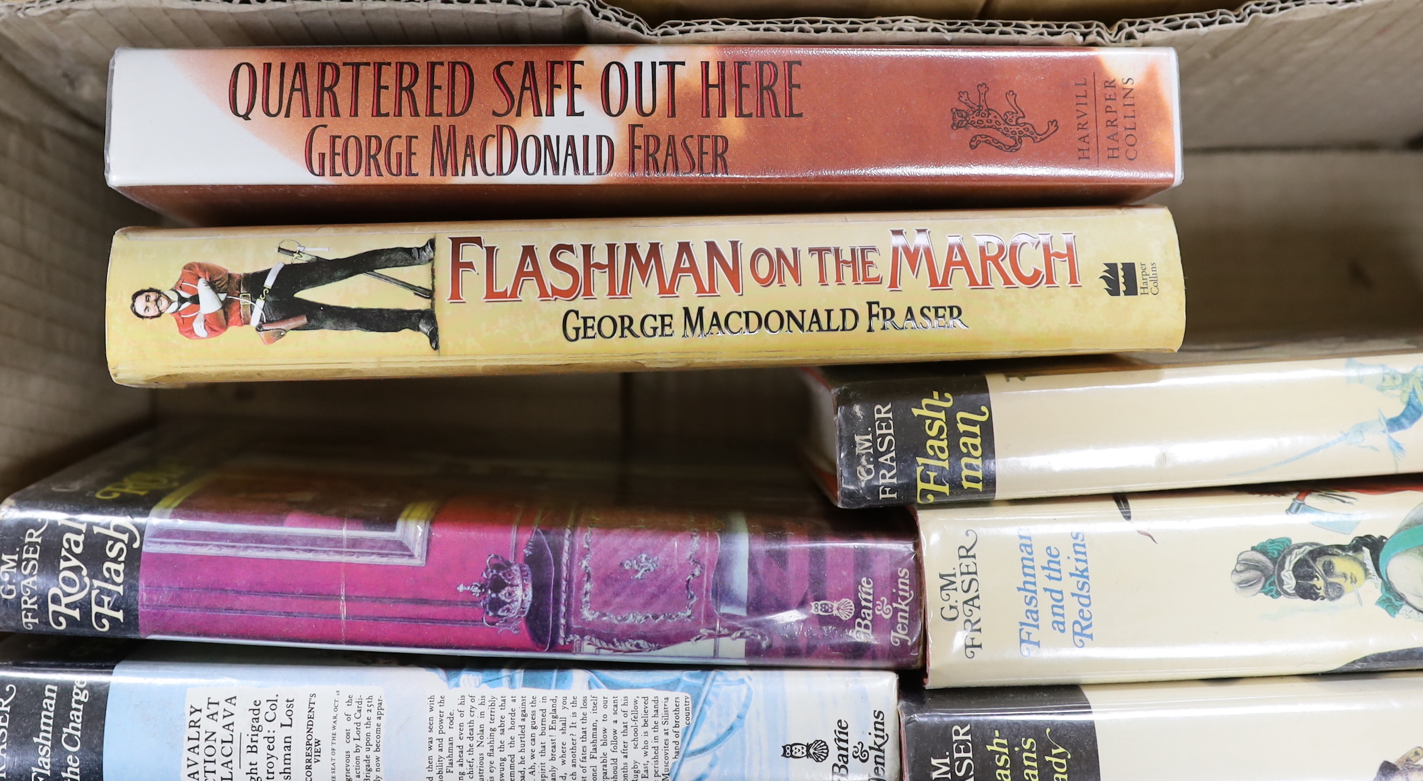 Fraser, George MacDonald - A complete set of The Flashman Papers, all 1st editions, all with dust jackets, consisting:- Flashman, 1969; Royal Flash, 1970; Flash for Freedom, 1971; Flashman at the Charge, 1973; Flashman a